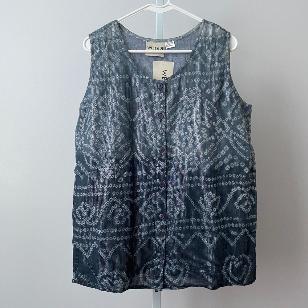Westside Cotton Boho Lagenlook Metallic Silver Thread Sleeveless Shell OS Blue
